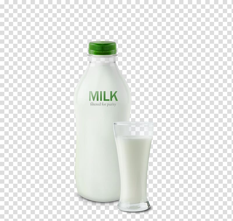clear glass bottle of milk and drinking glass , Cows milk Bottle, milk transparent background PNG clipart
