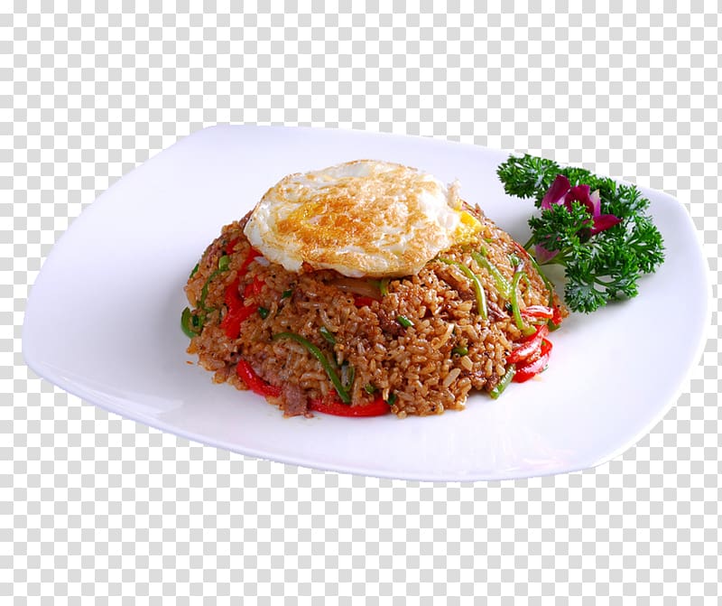 brown rice with white egg on white ceramic plate, Fried rice Fried egg Food Black pepper, Black pepper beef grain fried rice food overlooking transparent background PNG clipart