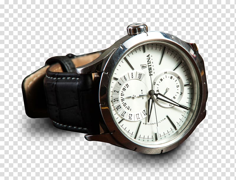 round silver-colored chronograph watch with black leather strap, Automatic watch , Watch transparent background PNG clipart