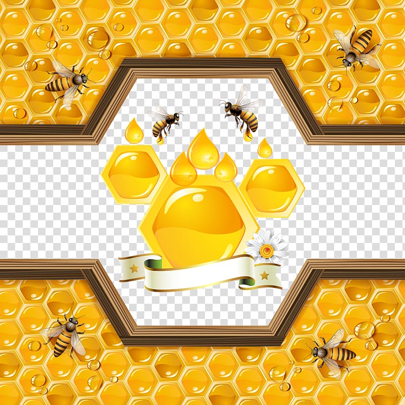 five yellow bees, Bee Honeycomb Illustration, Golden honey transparent background PNG clipart