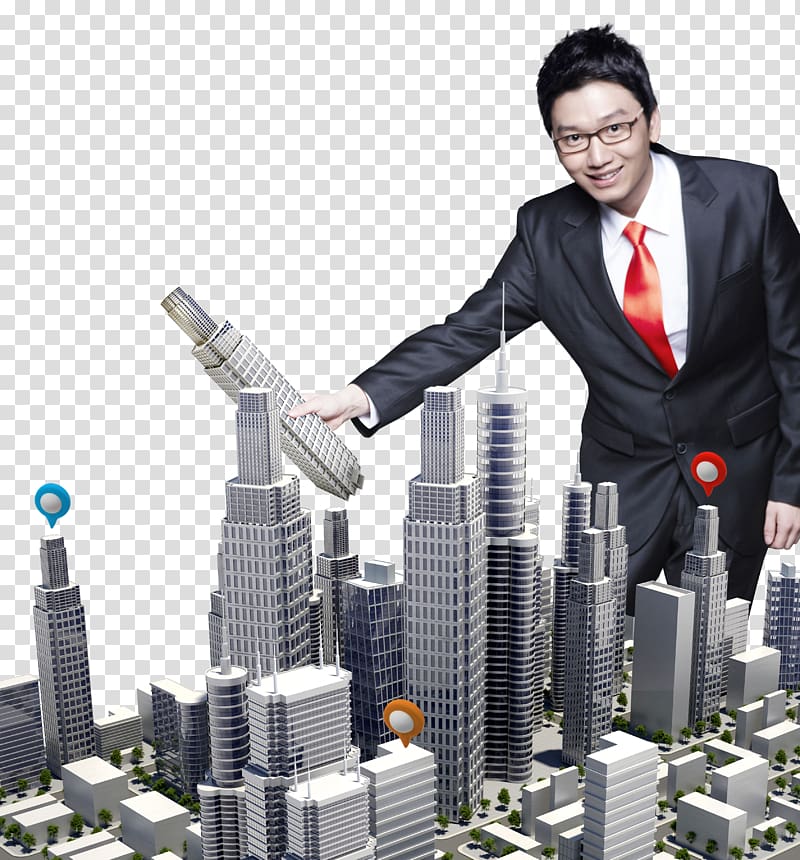 Business Building Poster Commerce, Business man holding a city building transparent background PNG clipart