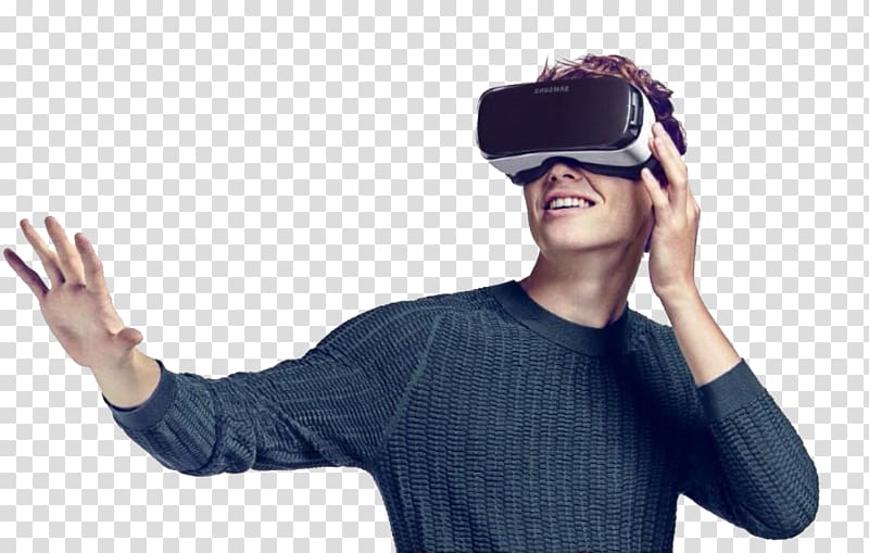 smiling man using virtual reality headset, Virtual reality headset Samsung Gear VR Mobile Phones Tilt Brush, VR headset transparent background PNG clipart