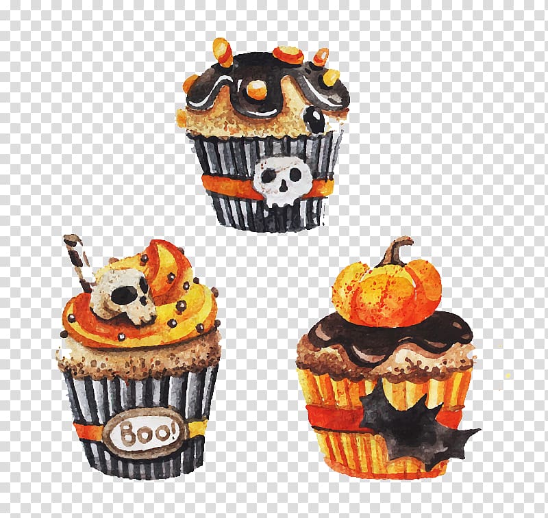 three cupcakes illustration, Cupcake Halloween, Halloween cupcakes transparent background PNG clipart