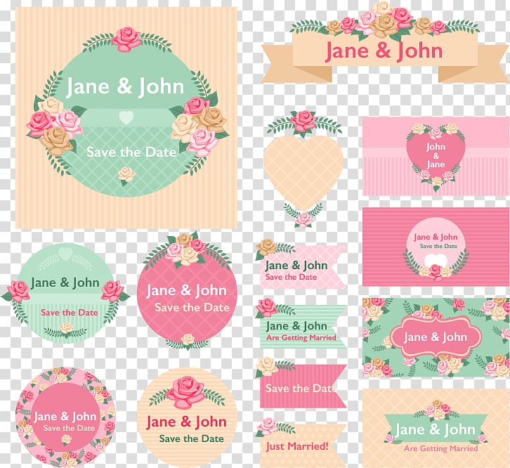 jane & john text signage, Wedding invitation Flower, 15 floral wedding label transparent background PNG clipart