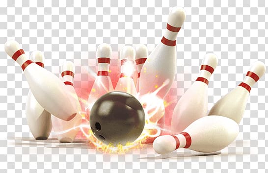 black bowling ball crashed bowling pins, Bowling Strike transparent background PNG clipart