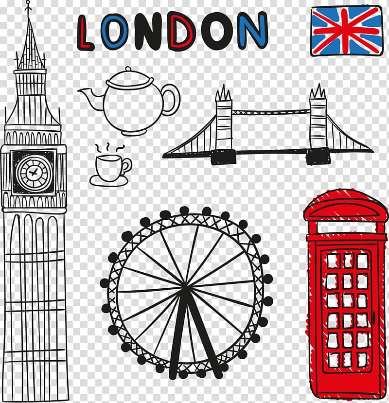 London landmarks illustration, Big Ben London Eye Landmark Drawing, London painted element transparent background PNG clipart