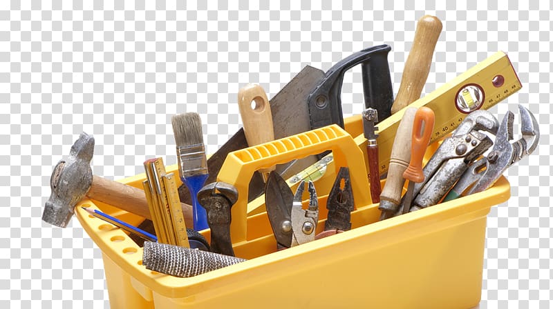 assorted-color carpentry tools in yellow case, Toolbox Handyman Power tool Handle, Renovation staff toolbox transparent background PNG clipart