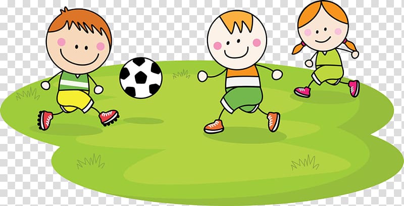 three children playing soccer , Child Football Cartoon, Children play transparent background PNG clipart