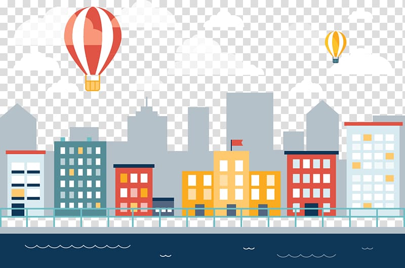 red and white striped hot air balloon over city skyline illustration, Building Landscape Vecteur, Urban building transparent background PNG clipart