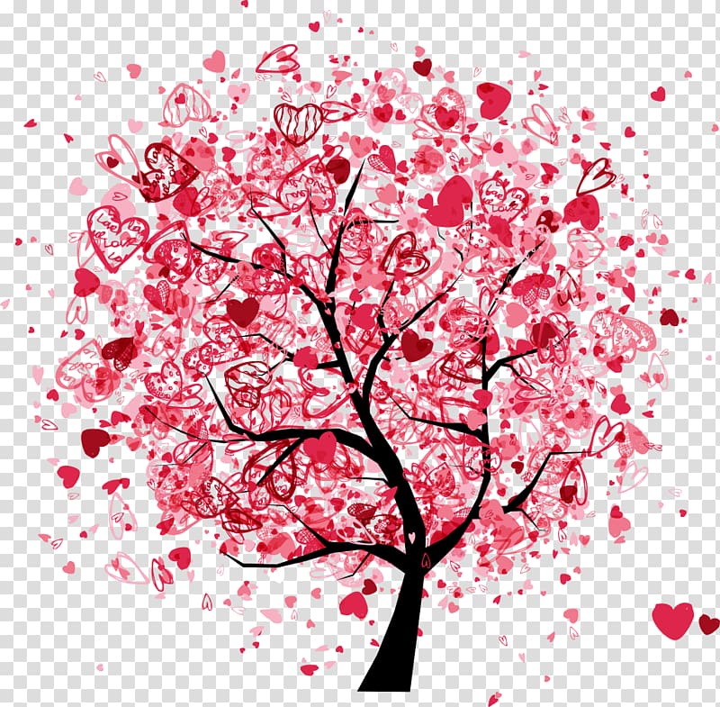 tree with heart leaves illustration, Drawing Illustration, red love trees transparent background PNG clipart