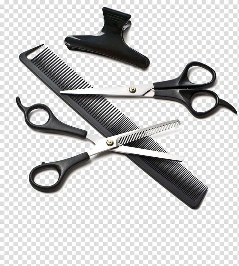 black haircut kit, Scissors Comb Hairstyle Hairstyling tool, Beauty Tools transparent background PNG clipart