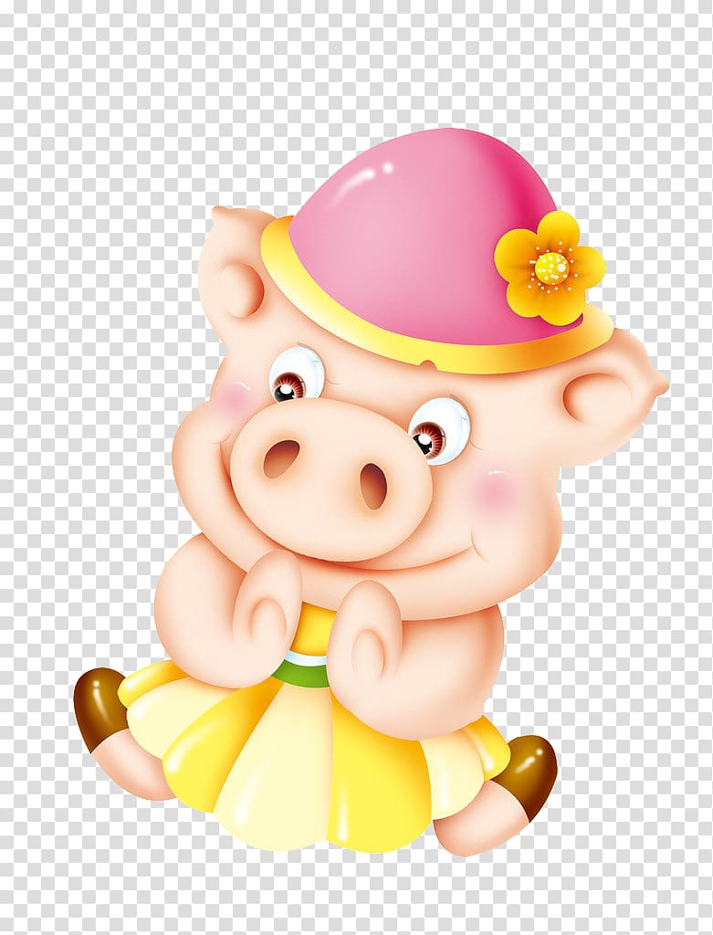 pig wearing pink hat illustration, Domestic pig Cartoon Chinese zodiac, pig transparent background PNG clipart