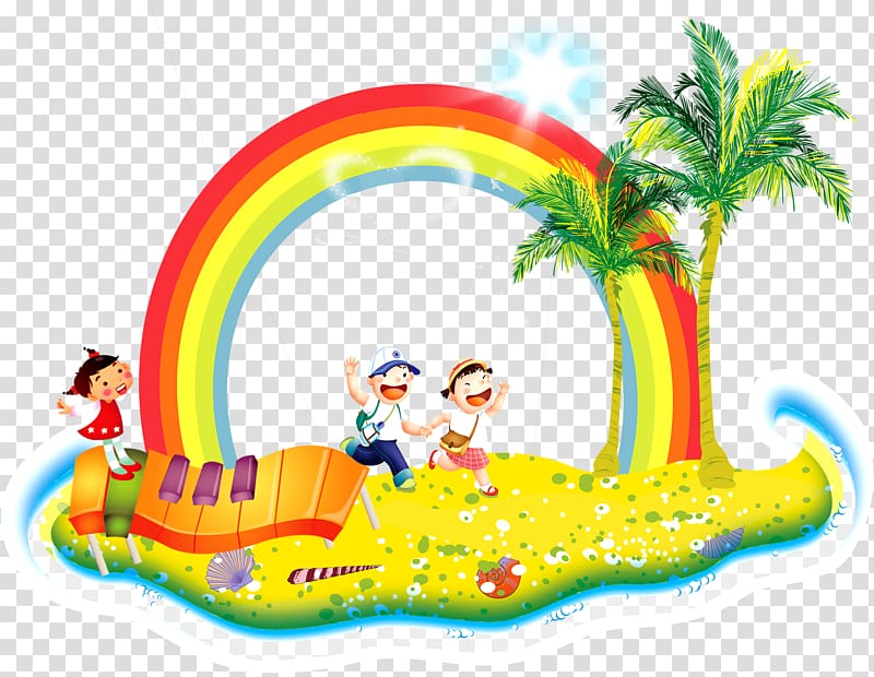 Drawing Cartoon , Cartoon child running coconut tree rainbow decoration background transparent background PNG clipart