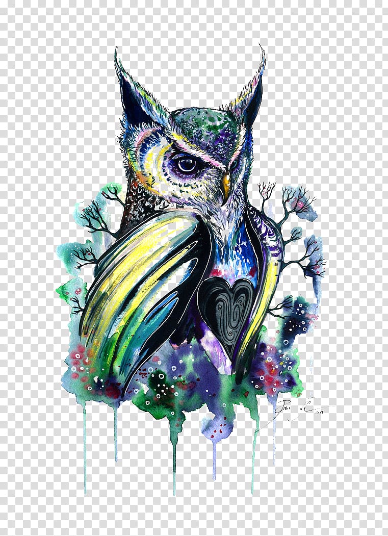 multicolored owl illustration, Owl The Guardian, Forest Keeper transparent background PNG clipart