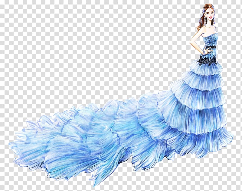 Gown Dress Fashion Illustrator Illustration, Beautiful hand-painted blue wedding dress transparent background PNG clipart