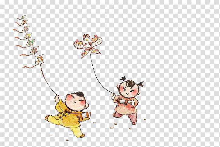 Child Watercolor painting Cartoon Illustration, Chinese style hand-painted kite flying transparent background PNG clipart