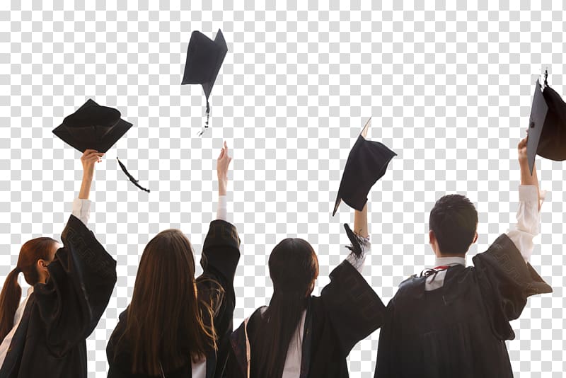 Graduation ceremony Master's Degree Academic dress Bachelor's degree Hat, Graduates of the Master's service lost Master cap, three women and one man wearing black graduation dresses transparent background PNG clipart
