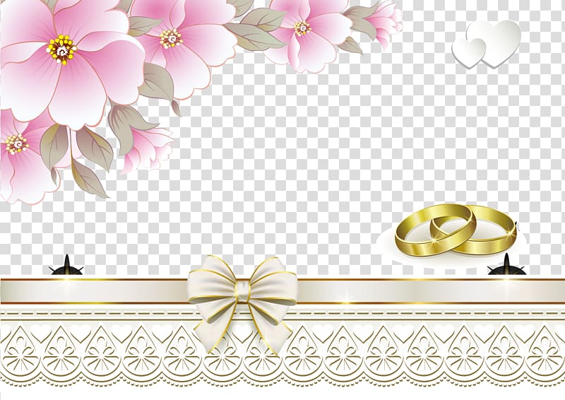 gold-colored wedding rings , Floral design Pink Flower Pattern, Heart-shaped ring flowers wedding invitations transparent background PNG clipart