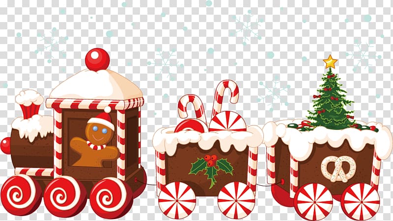 brown and white train and gingerbread illustration, Train Santa Claus Christmas Gingerbread house, Christmas train transparent background PNG clipart