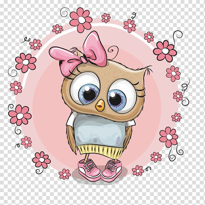 brown owl character illustration, Pink flower owl transparent background PNG clipart
