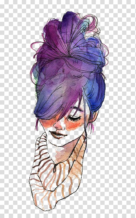 purple and blue haired female , Drawing Watercolor painting Art Fashion illustration Illustration, Girls transparent background PNG clipart