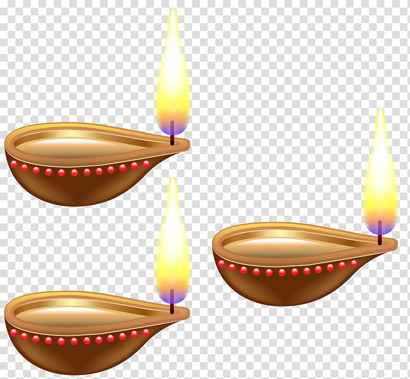 three turned-on oil lamps s, Diwali , India Candles transparent background PNG clipart