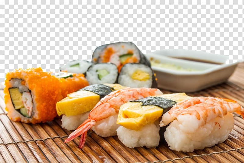 nigiri and sushi dish, Sushi Sake Sashimi Japanese Cuisine Seafood, Sushi transparent background PNG clipart