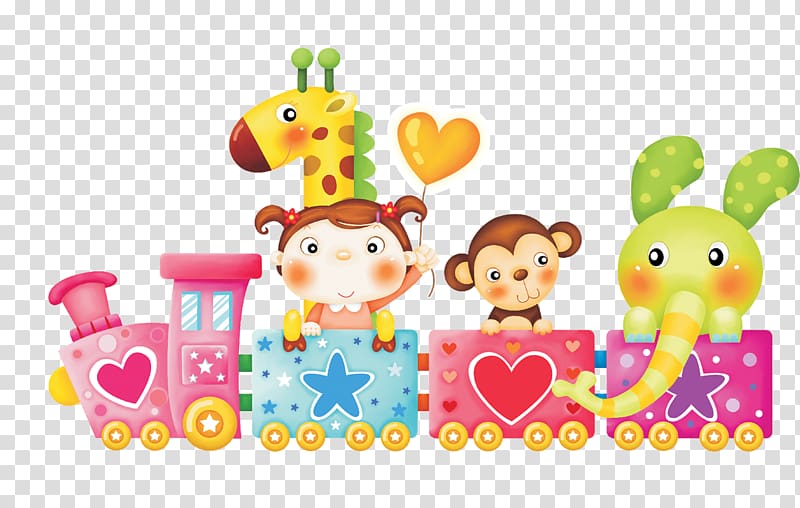 assorted animals on train illustration, Paper Childrens Day frame Drawing Animation, Cute cartoon train beautiful little girl monkey giraffe elephant love stars transparent background PNG clipart