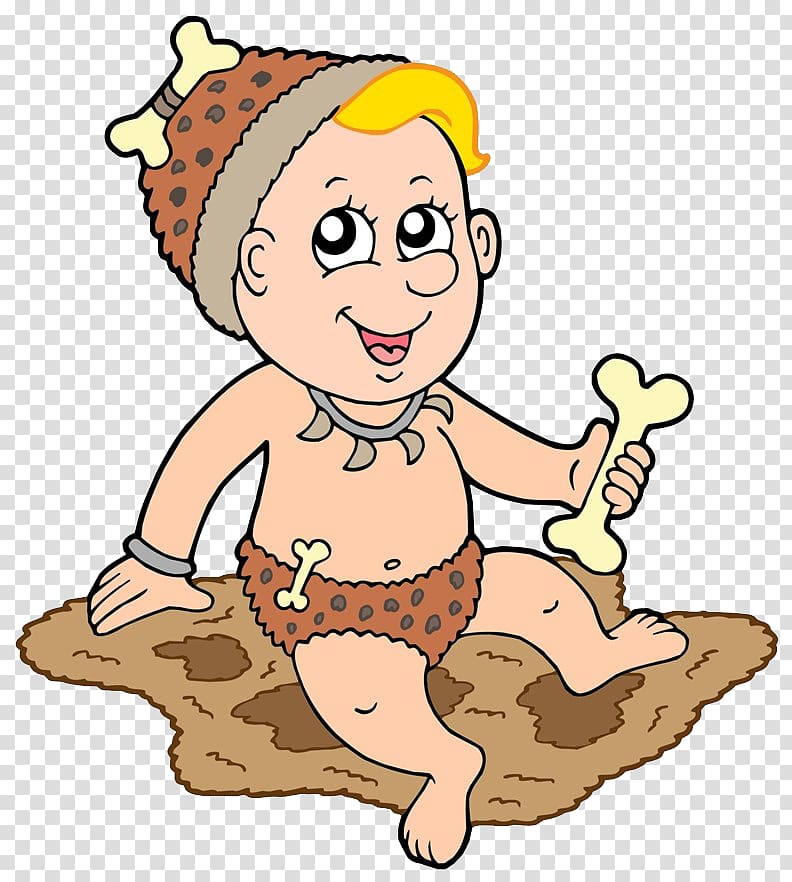 Prehistory Cartoon Illustration, The baby takes the bones transparent background PNG clipart