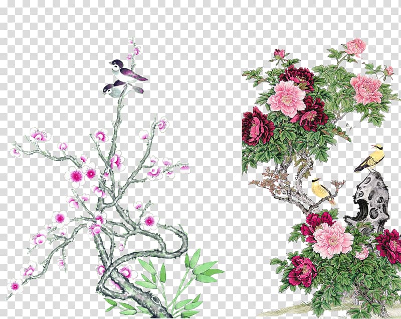 Chinese painting Bird-and-flower painting Silk Hanging scroll, Chinese style bird material transparent background PNG clipart