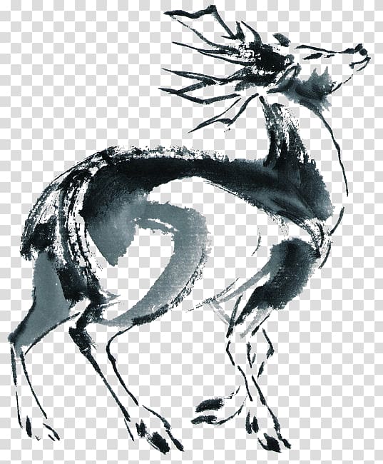 Ink wash painting Deer Black and white Chinese painting, deer transparent background PNG clipart