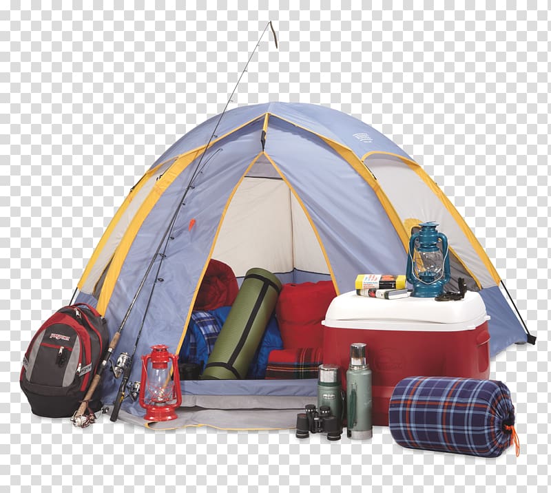 gray tent with bag and cooler, Camping Campsite Backpacking Hiking Campervans, Campsite Camping transparent background PNG clipart