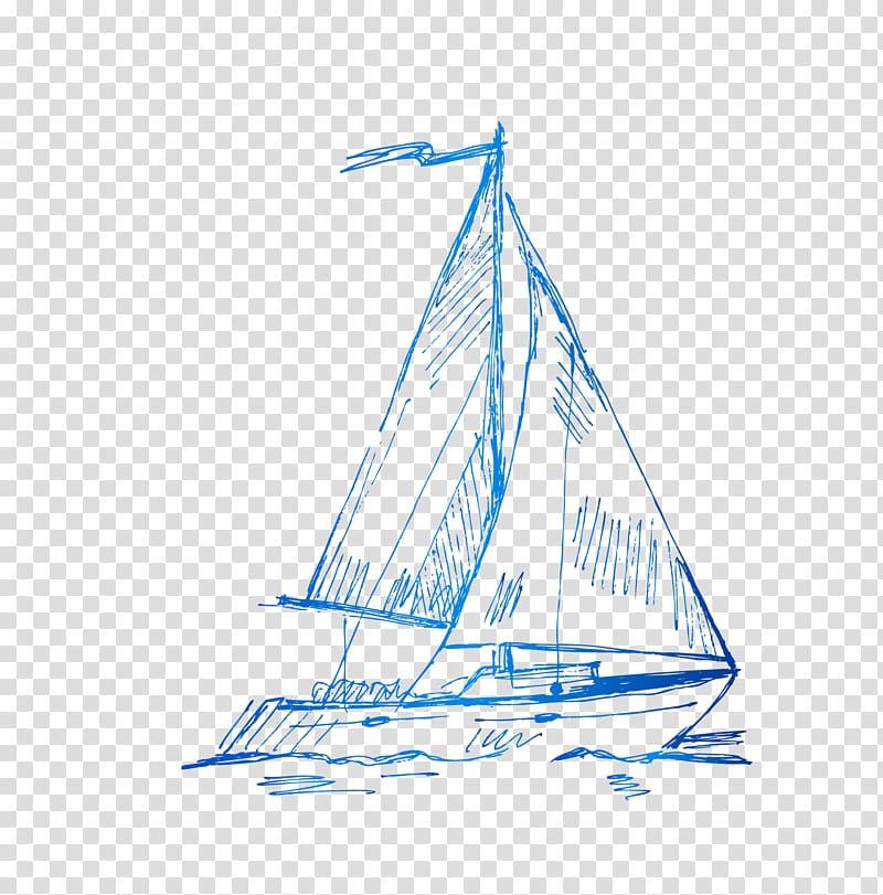 blue sailing boat sketch, Sail , cartoon hand-painted smooth sailing transparent background PNG clipart