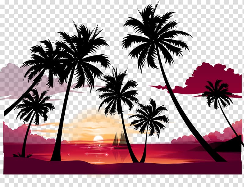 Display resolution Summer , Beach sunset poster background material, coconut trees near beach painting transparent background PNG clipart