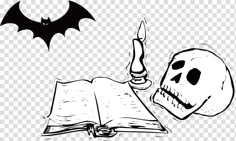 Black and white Cartoon , Skull bat book transparent background PNG clipart