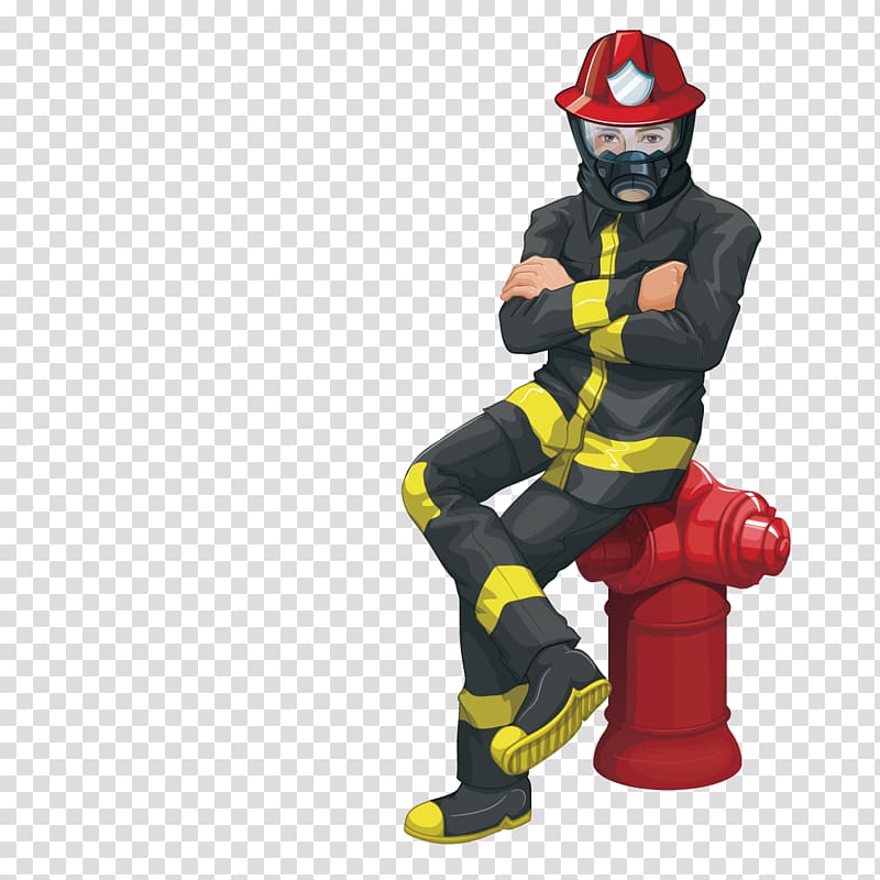 Firefighter Illustration, Sitting on a fire hydrant firefighter transparent background PNG clipart