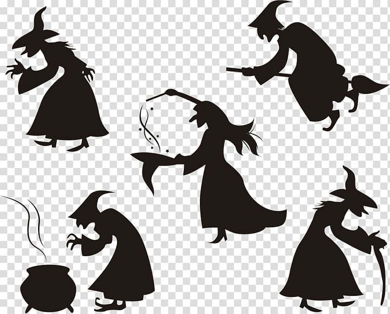 five silhouette witch , Halloween Witchcraft Silhouette , Halloween witch transparent background PNG clipart