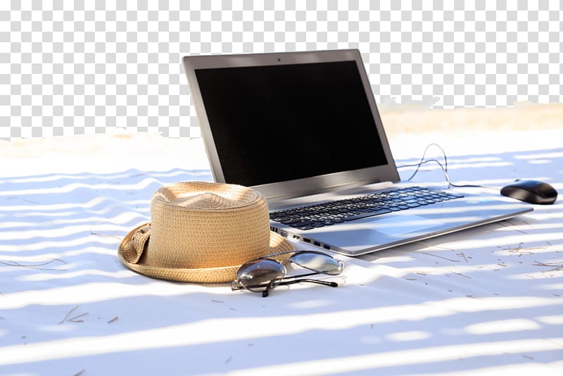 MacBook Air beside brown hat, Laptop Beach Vacation , Summer beach poster background transparent background PNG clipart