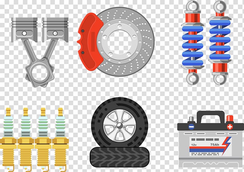 vehicle part lot illustration, Car Brake pad Tire, Auto Parts material brakes tires transparent background PNG clipart