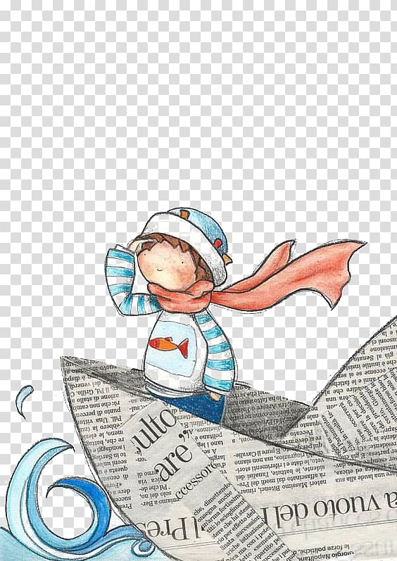 girl on newspaper boat illustration, Child Illustrator Drawing Watercolor painting Illustration, Child transparent background PNG clipart