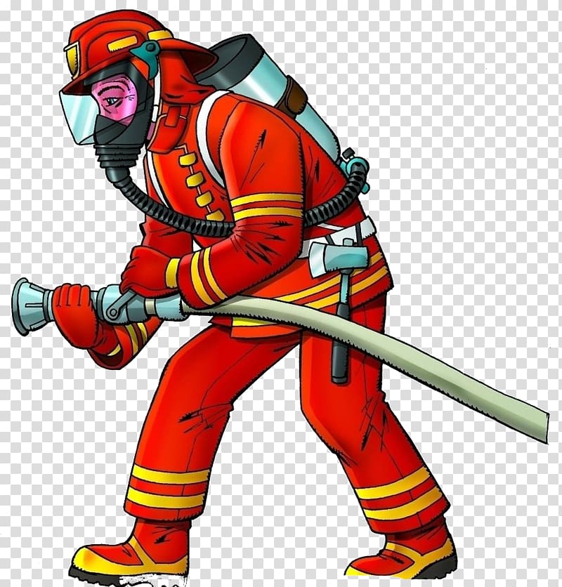 fireman holding hose art, Firefighter Police officer Cartoon Firefighting, Red clothes firefighters transparent background PNG clipart