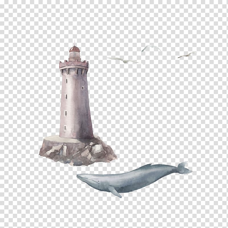 whale under lighthouse illustration, Watercolor painting Illustration, Watercolor lighthouse and whale transparent background PNG clipart