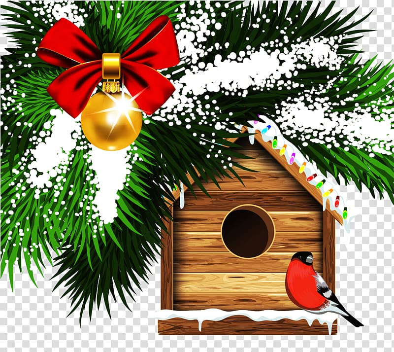 birdbox near bauble , Santa Claus Christmas card Eurasian bullfinch Greeting card, Christmas Bird House transparent background PNG clipart