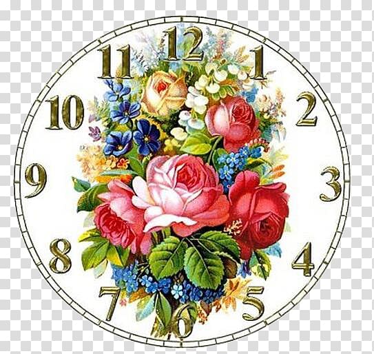Clock face Vintage clothing Floral clock Antique, Rose Alarm transparent background PNG clipart