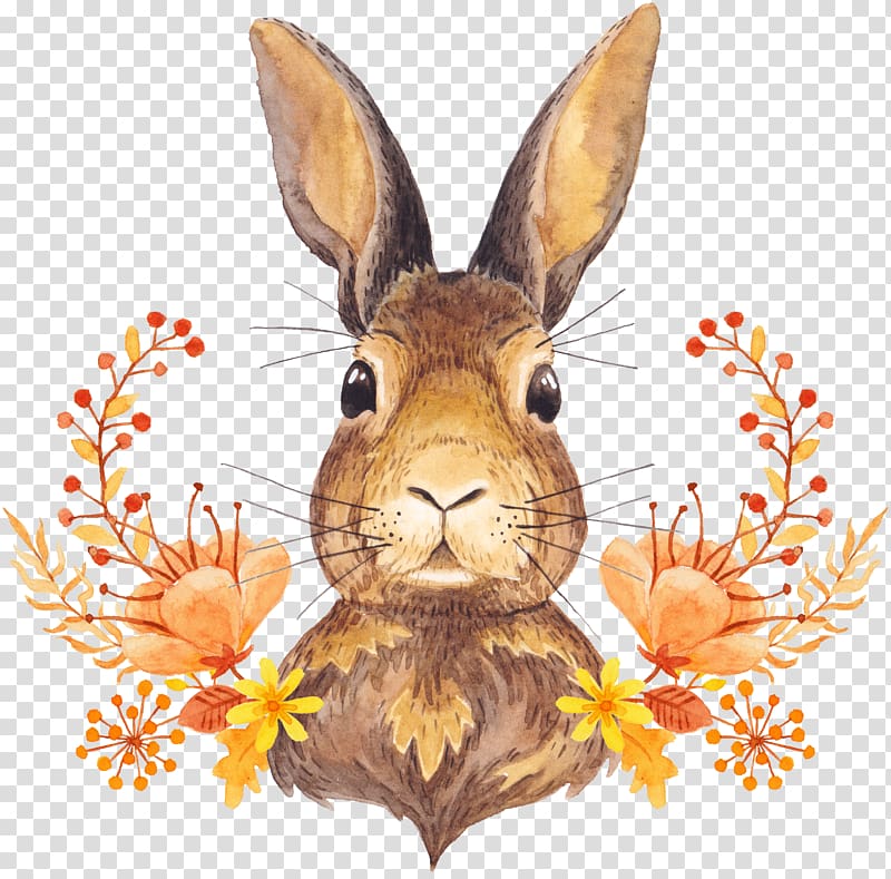 Autumn leaf color Watercolor painting Illustration, Cute little bunny in the flowers transparent background PNG clipart