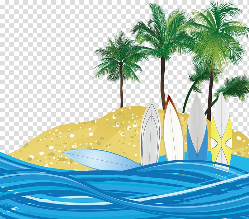 five assorted-color surfboards near palm trees , Arecaceae Poster Surfboard Beach, Beach transparent background PNG clipart