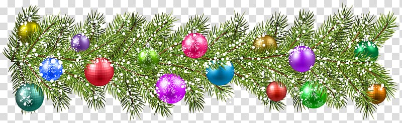 green and multicolored Christmas decor, Christmas ornament , Christmas Pine Branches and Christmas Balls transparent background PNG clipart