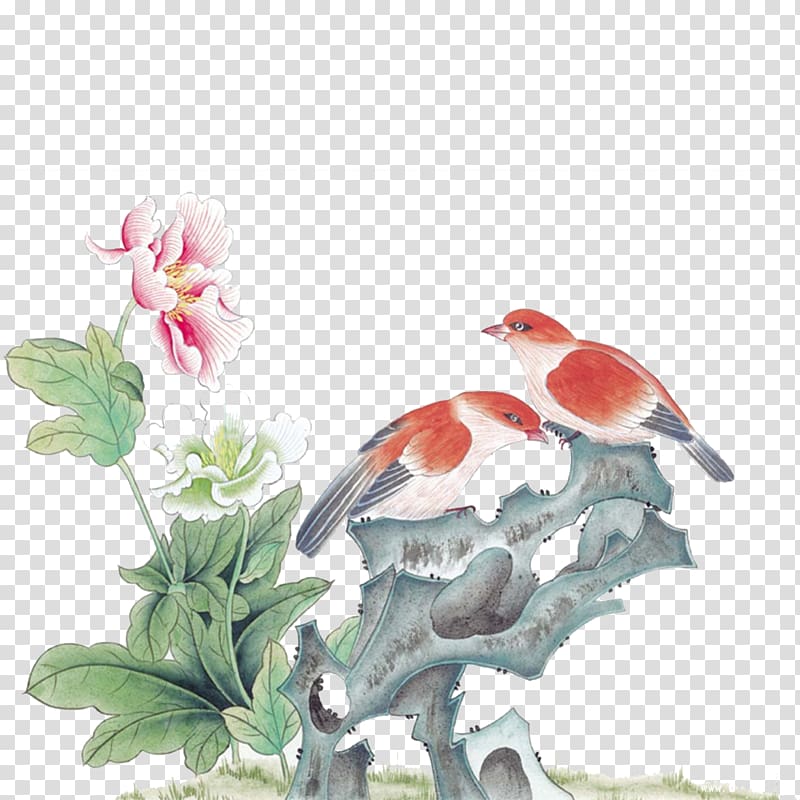 Bird Ink wash painting Chinese painting Gongbi, Birds and Flowers transparent background PNG clipart
