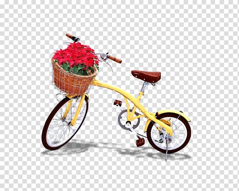 yellow bicycle and red flowers in basket illustration, T-shirt Bicycle frame Poster, bicycle transparent background PNG clipart