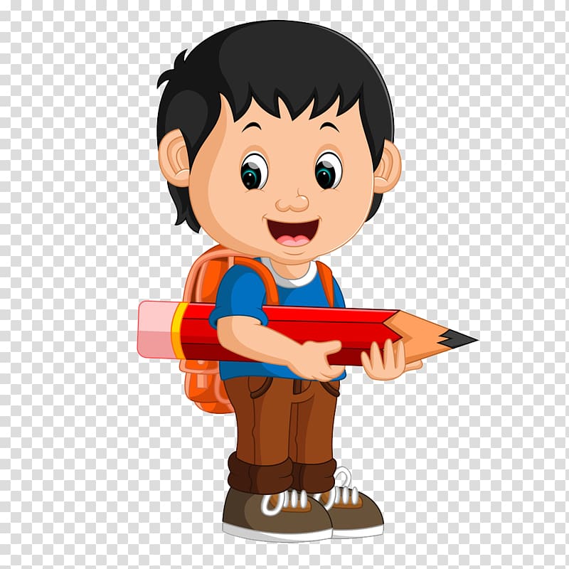 boy standing holding large-sized pencil illustration, Student Drawing School , The boy with the pencil transparent background PNG clipart